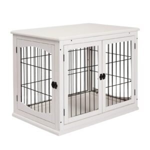 26" Wooden Dog Crate, Furniture Style Pet Cage Kennel, End Table, with Lockable Double Door Entrance, and Top Shelf, White