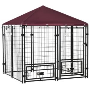 Indoor/Outdoor Metal Dog Kennel, Dog House with Lock, Weather Resistant Canopy and 2 Bowl Holders and Bowls, 4.6' x 4.6' x 5', Black / Red